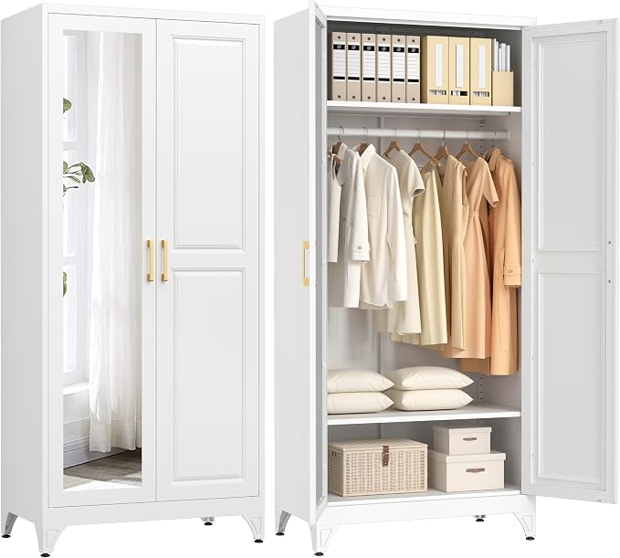 Polup Metal Armoire Wardrobe Closet with Mirror, 71" Tall White Cabinet | Heavy Duty Steel Clothing Storage Cabinet with Hanging Rod & Adjustable Shelves for Bedroom, Office, Gym, Garage, Armarios