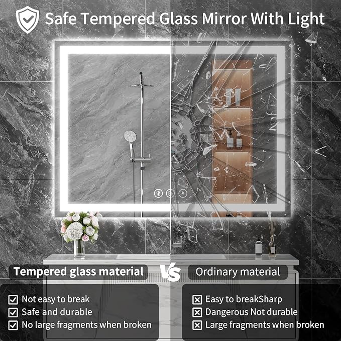 Koonmi 60x30 LED Bathroom Mirror with Light, Anti-Fog, 3 Colors | Backlit + Front Lit, Dimmable Brightness, Shatterproof HD Distortion-Free Tempered Glass, Hardware Included