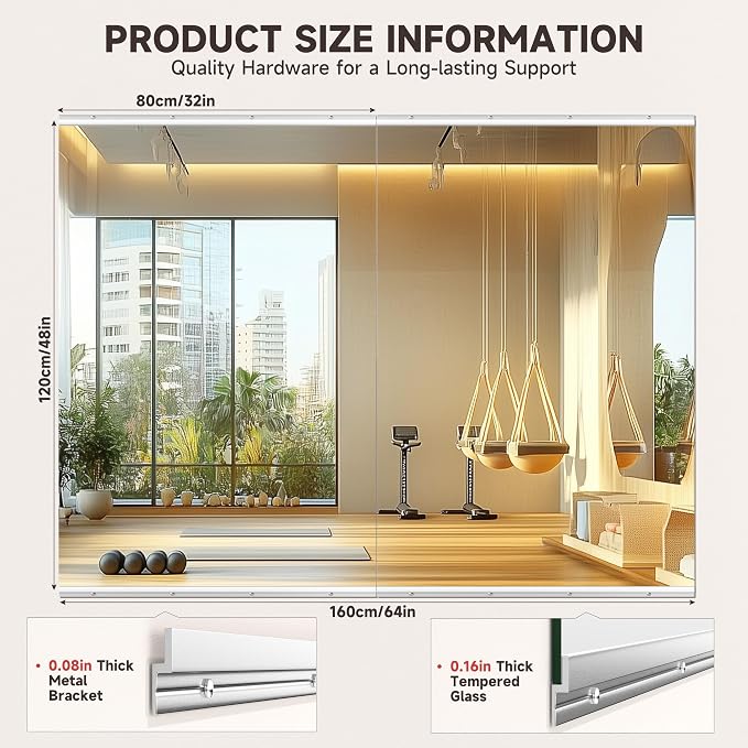 Home Gym Mirror, 2 Pack 48"x32" Each Tempered Glass Explosion-Proof Workout Mirrors, Frameless Square Full Length Wall Mirror Silver for Yoga Garage Exercise Bedroom Dance Studio