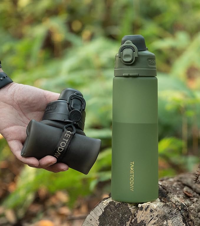 TakeToday Collapsible Water Bottles 21oz (600mL), Foldable Platinum Silicone Travel Water Bottle with Straw & Carry Strap, Leak-Resistant Screw Lid, Wide Mouth, BPA-Free for Hiking, Camping, Travel