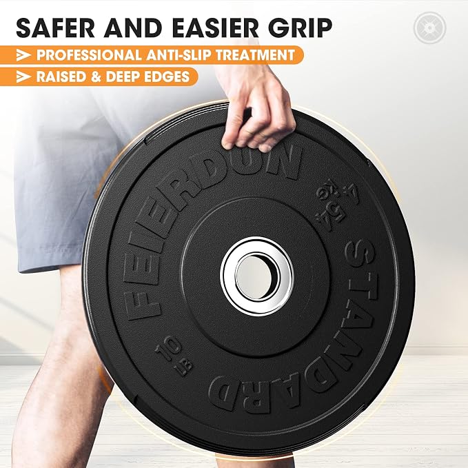 FEIERDUN Color Bumper Plate Set, 2-Inch Olympic Weight Plates, Low Bounce Rubber Barbell Plates with Stainless Steel Insert for Weightlifting, Strength Training, CrossFit & Home Gym, 10LB-370LB