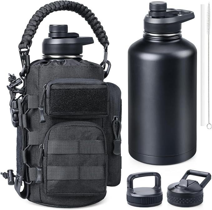 RXW 64oz Insulated Water Bottle Half Gallon Water Jug with Sleeve Tactical | Stainless Steel Water Jug Large Military Water Bottle with 3-IN-1 Pouch/3 Lids/Straw/Paracord Handle for Gym/Camping/Workout