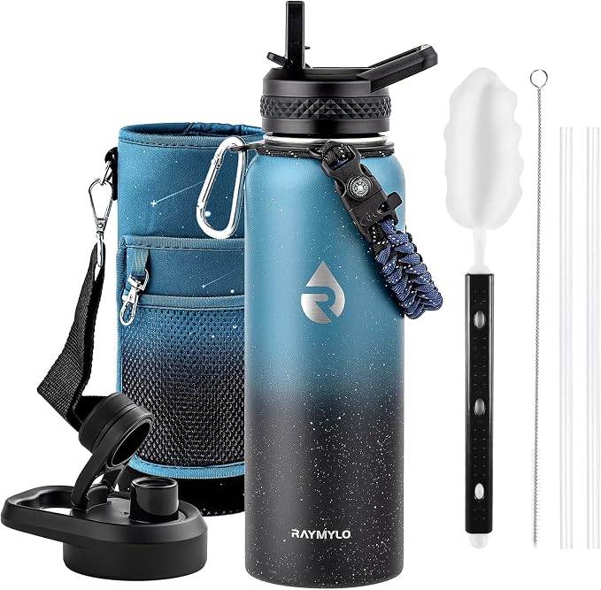 RAYMYLO Insulated Water Bottle 40 oz, Triple Wall Vacuum Stainless Steel | (Cold for 36Hrs, Hot for 18Hrs), Leak Proof & Non-BPA, Modern Water Flask Jug with Paracord Handle & Straw Spout Lids