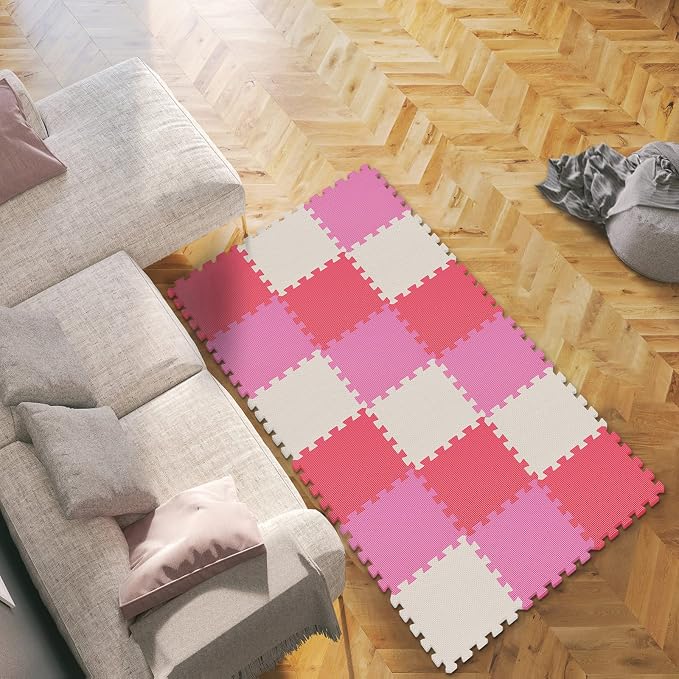 qqpp EVA Rubber 18 Tiles Interlocking Puzzle Foam Floor Mats - Baby Play Mat for Playing | Exercise Mat for Home Workout. White, Pink, Red. QC-ACIb18N