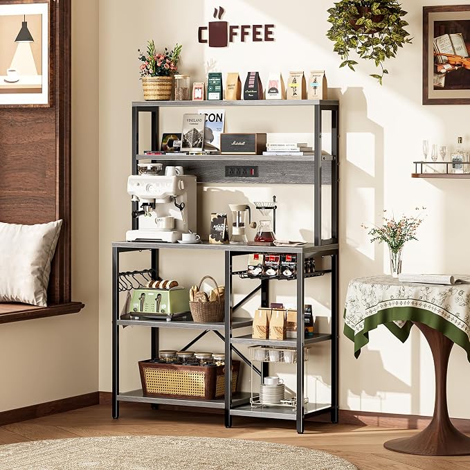 SUPERJARE Bakers Rack with Power Outlet, 35.4 Inches Coffee Bar with Basket | Kitchen Microwave Stand with 12 S-Shaped Hooks, Open Storage Shelves, Grey