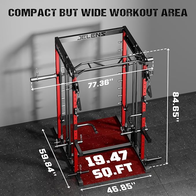 JELENS M21 Smith Machine, Multi-Function Power Cage with Dual Pulley Cable Crossover System, 2000LBS All-in-One Squat Rack with Smith Bar and Attachments for Home Gym