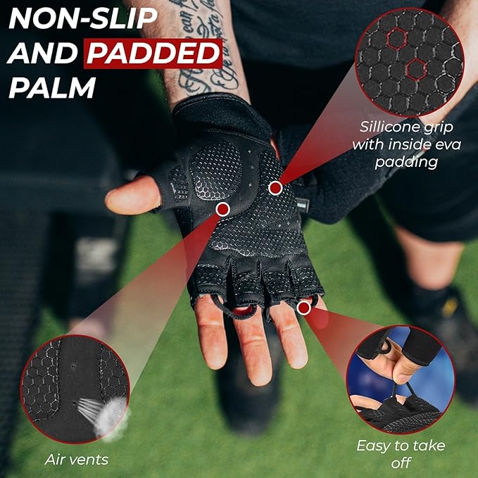 BEAST RAGE Workout Gloves for Men, Durable Palm Grip Gym Gloves Women Half Finger Elasticated Training Weight Lifting Strength Bodybuilding Anti Slip Cycling Gloves Exercise