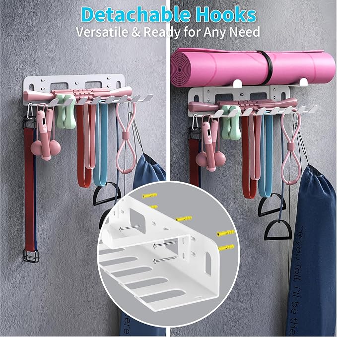 KHAMAL Multi-Purpose Gym Equipment Storage Rack for Resistance Bands - Gym Wall Storage for Exercise Bands, Yoga mat, Jump Ropes, Weight Belts, Straps, Hula Hoop (Black White)