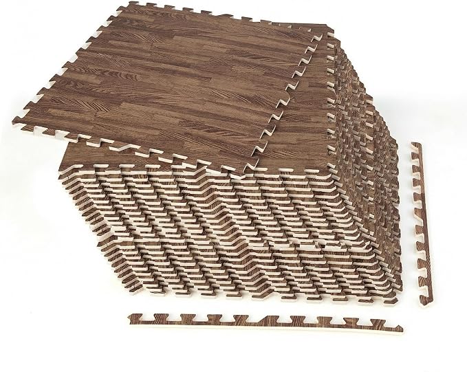 Giantex 25 Pcs Faux Wood Grain EVA Foam Tiles, 24"x24" Interlocking Floor | 100 Sq. Ft Puzzle Exercise Mats with 50 Borders, 0.4" Thick Waterproof Anti-Slip Flooring for Home Gym, Basement, Dark Walnut