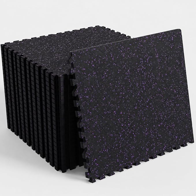 96 Sq Ft Rubber Top Gym Flooring for Home Gym, Black/Purple | 24 Tiles, High Density EVA Foam, Waterproof & Non-Slip Rubber, 0.4" Interlocking Puzzle Mats, Floor Protection, 24"x24"