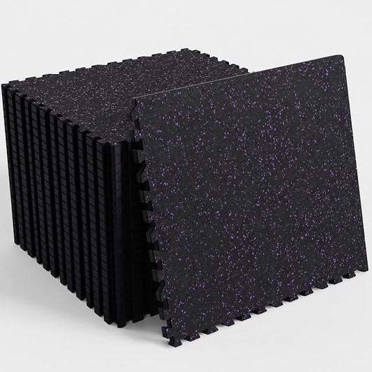 96 Sq Ft Rubber Top Gym Flooring for Home Gym, Black/Purple | 24 Tiles, High Density EVA Foam, Waterproof & Non-Slip Rubber, 0.4" Interlocking Puzzle Mats, Floor Protection, 24"x24"