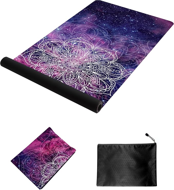nuveti Printed Travel Yoga Mat 1/16 Inch Thick Non Slip Fitness Workout Mat | with Carrying Bag, Foldable Lightweight Suede & Natural Rubber Yoga Mat for Yoga Pilates and Fitness 72" L x 24" W x 1.5mm