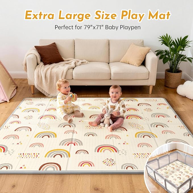 Baby Play Mat for Floor, Extra Large Play Mat for Baby, 79 x71" Memory Foam 0.8" Thick Crawling for Babies,Toddlers Infants, Reversible Baby Play Mat,Foldable Foam Floor Mat for Tummy Time