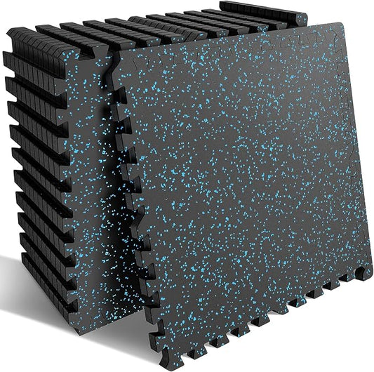 0.56" Thick 48 Sq ft Exercise Equipment Mats,12 Tiles Rubber Interlocking Puzzle Gym Flooring with High Density EVA Foam for Home Gym, Heavy Weight Workout, 24 x 24in Black/Blue