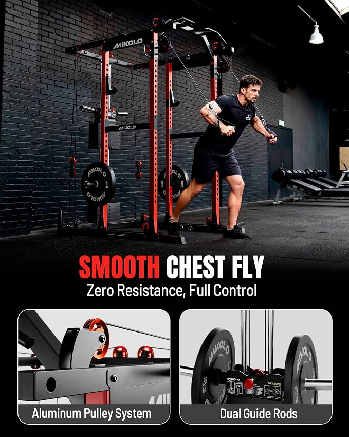 Mikolo K6 2.0 Power Cage, Power Rack with Cable Crossover System, 2000LBS Squat Rack with LAT Pull Down System, Functional Trainer with Aluminum Pulley System for Home Gym
