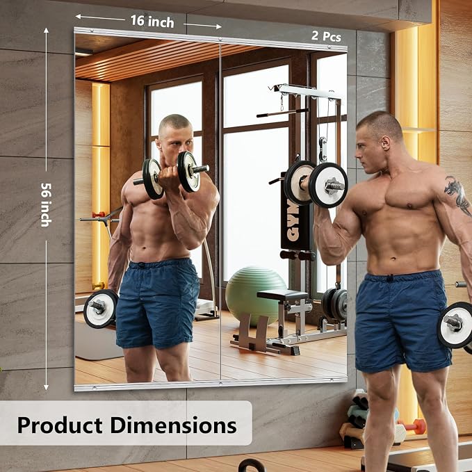 Home Gym Mirror,2 Pack Large 55.9x16.5 Inch Frameless Tempered Glass Wall Mirror, Full Body Workout and Decorative Mirrors for Home Gym, Yoga, Dance Studio, Garage, Exercise Room