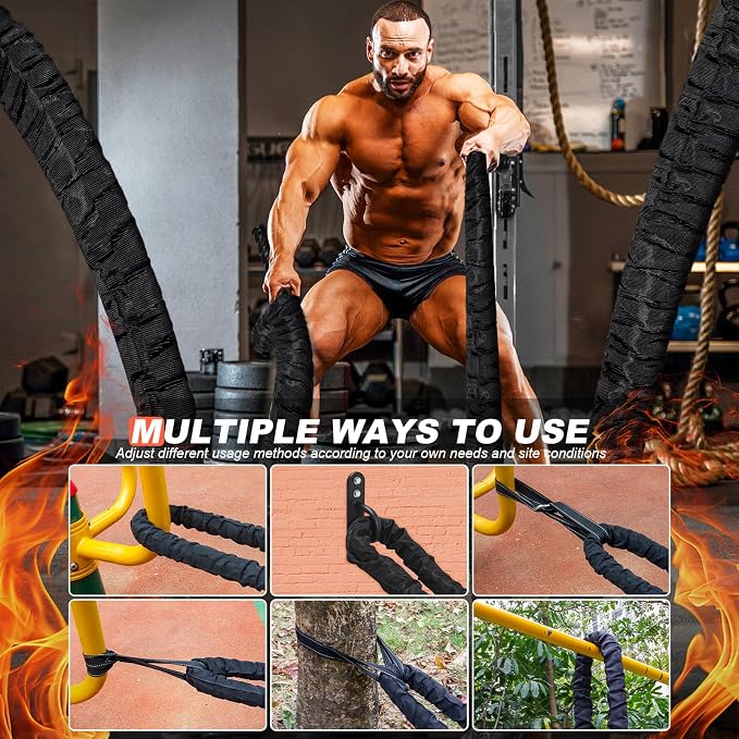 Battle Ropes for Home Gym Exercise: 1.26 Inch Diameter 30FT Length Workout Rope Exercise Rope Training Ropes with Protective Sleeve for Kids Men Women Exercise Fitness & Strength Training