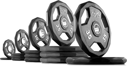 XMARK Black Diamond Olympic Weight Plates 2-Inch, Rubber Barbell Plates with Tri-Grip Handles for Home Gym Strength Training