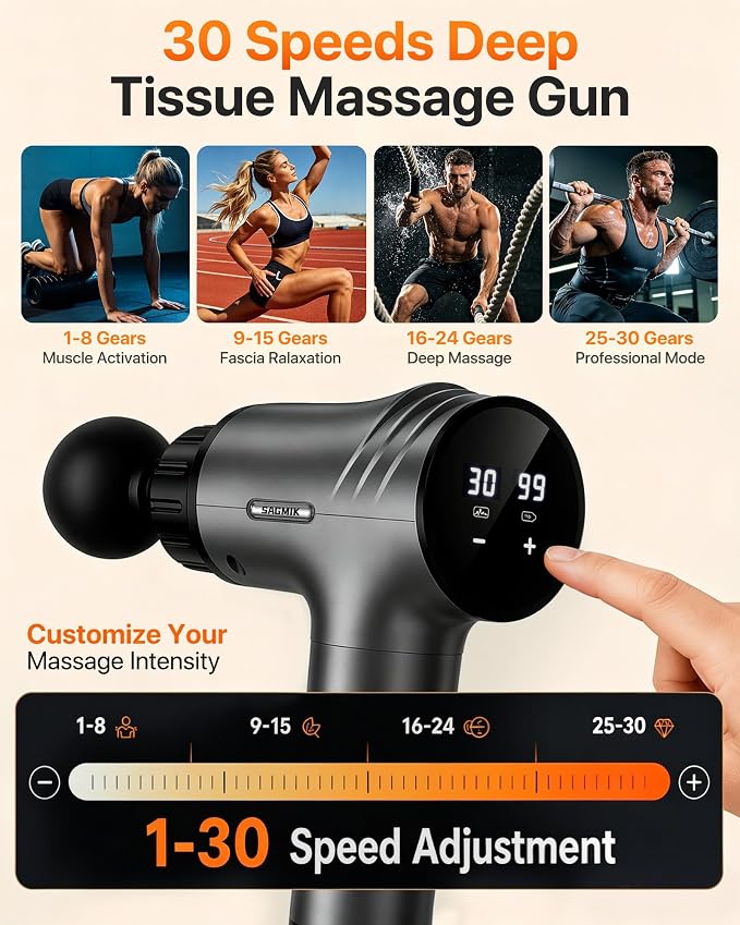Massage Gun, 30 Speeds, 6 Heads, Quiet Deep Tissue Muscle Massager | Mini handheld percussion massager for back, neck, shoulders and body; ideal for athletes, workouts and muscle recovery.