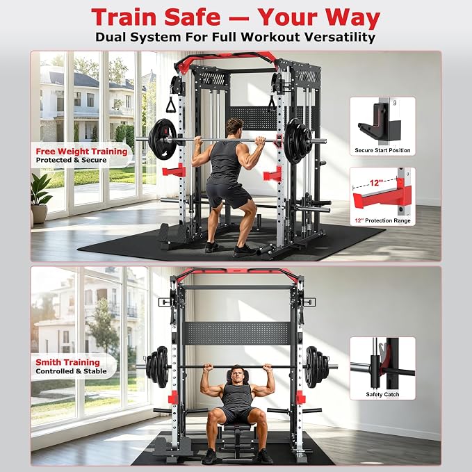 XDDIAS Smith Machine with Power Rack, 2300LBS Home Gym System with Dual Pulley Cable Crossover, Squat Rack with LAT Pulldown, Adjustable Power Cage for Strength Training, Full Body Workout Equipment