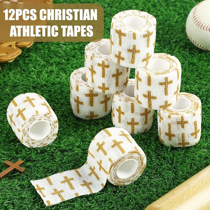 Geiserailie 12 Pack Christian Athletic Tapes 2 Inch x 5 Yards Self Adhesive Bandages Sports Wraps Breathable Elastic Wrap Non Woven Bandage for Wrist, Ankle, Baseball Football (White and Gold)