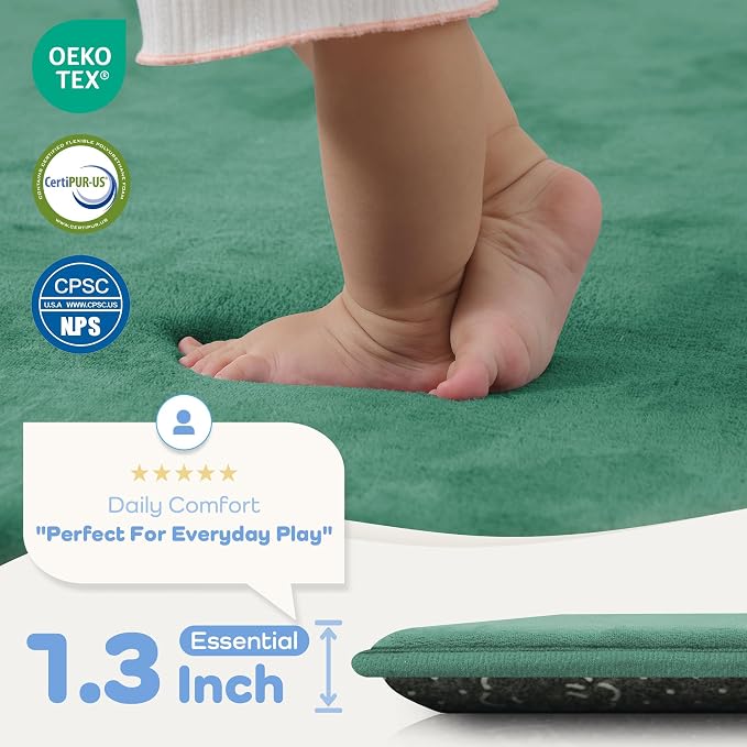 1.3" Thick Play Mat for Baby 50x50 Foam Playmat for Kids Dark Green | Memory Mat for Baby to Play on Floor Waterproof Easy Care with Non-Slip Tummy Time Play Mat for Nursery Playroom Classroom