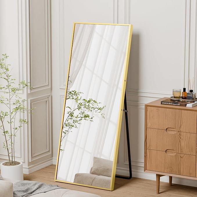 64"×21" Full Length Mirror, Shatterproof Tempered Glass Floor Mirror, Alum Alloy Thin Frame Standing Mirror with Freestanding/Leaning/Wall Mount for Bedroom, Living Room & Entryway, Gold