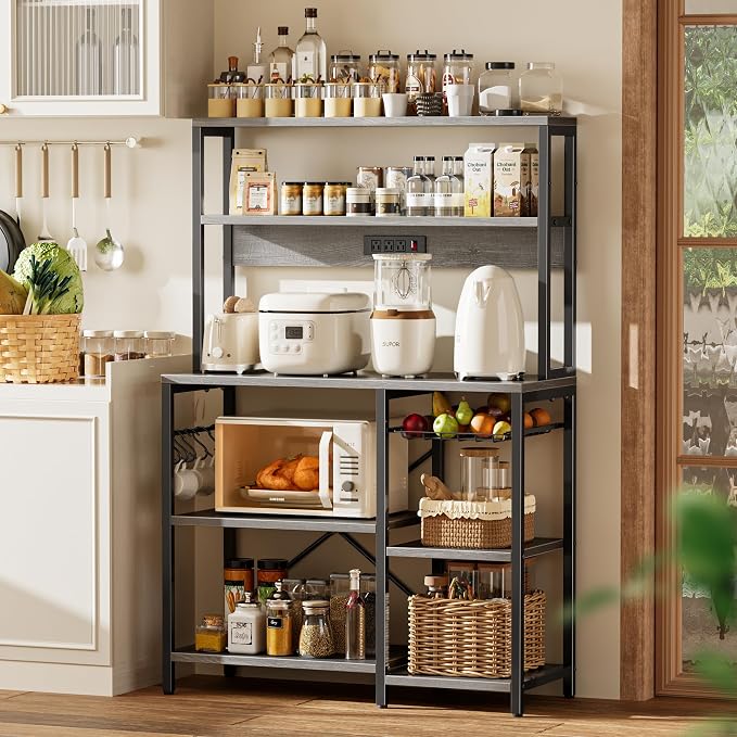 SUPERJARE Bakers Rack with Power Outlet, 35.4 Inches Coffee Bar with Basket | Kitchen Microwave Stand with 12 S-Shaped Hooks, Open Storage Shelves, Grey