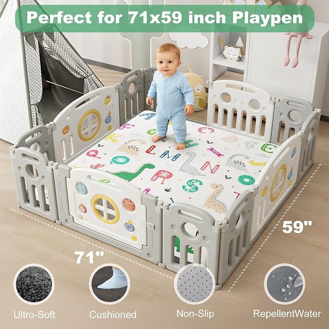 1.3" Thick Baby Play Mat for Floor, Elasti-Foam 71x59 Playpen Mat, Water Repellent Ultra Soft Coral Velvet Tummy Time Crawling Mats for Kid Toddlers Infants, Non-Slip Backing Safe Alphabet Zoo