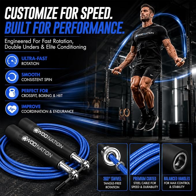 WOD Nation Adjustable Speed Jump Rope For Men, Women & Children - Blazing Fast Fitness Skipping Rope Perfect for Boxing, MMA, Endurance