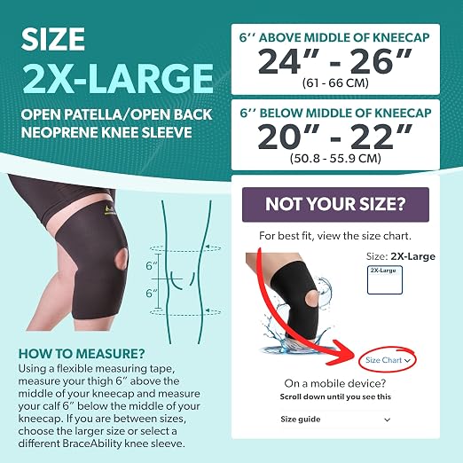 BraceAbility Open Patella/Open Back Neoprene Knee Sleeve | Water-Resistant Athletic Compression Knee Brace for Swimming, Wakeboarding, Scuba Diving, Surfing, Waterskiing and Other Sports (2XL)