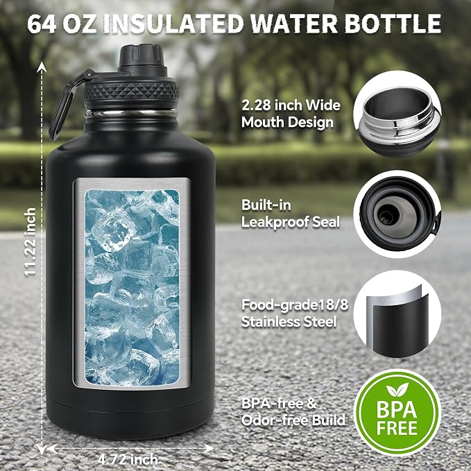 DEFUNX Half Gallon Water Bottle Insulated with Sleeve - Tactical 64 oz Stainless Steel Water Jug with MOLLE Water Bottle Pouch, Gym Water Bottles for Men Hiking Workout (Black)