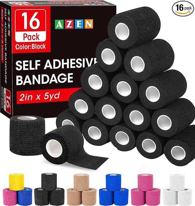 AZEN 16 Pack Self Adhesive Bandage Wrap Black, 2" X 5 Yards Black Athletic Tape, Vet Wrap, Tattoo Grip Tape Wrap，Ankle Tape, Cohesive Bandage Wrap