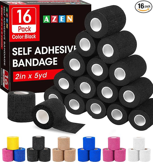 AZEN 16 Pack Self Adhesive Bandage Wrap Black, 2" X 5 Yards Black Athletic Tape, Vet Wrap, Tattoo Grip Tape Wrap，Ankle Tape, Cohesive Bandage Wrap