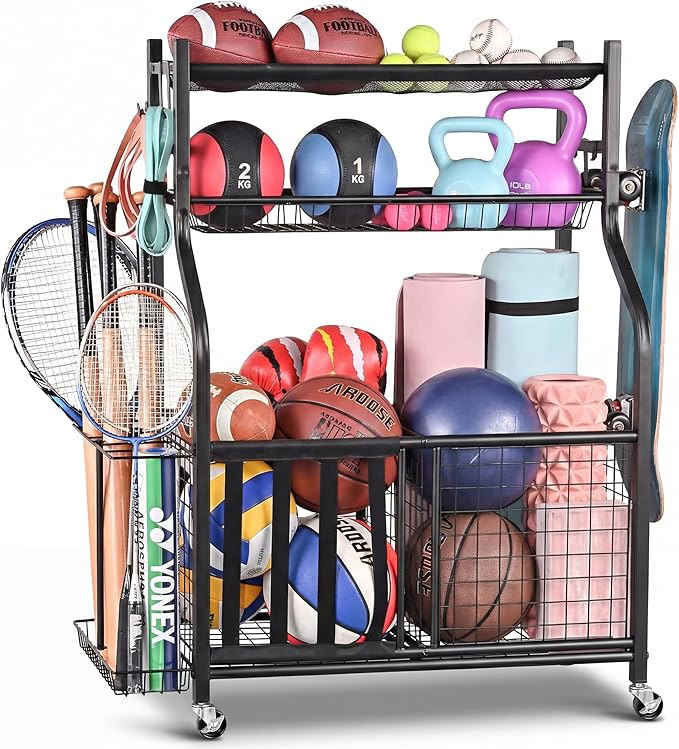 PLKOW Sports Equipment Storage for Garage, Indoor/Outdoor Sports Rack for Garage, Ball Storage Garage Organizer with Basket and Hooks,Toy/Sports Gear Storage