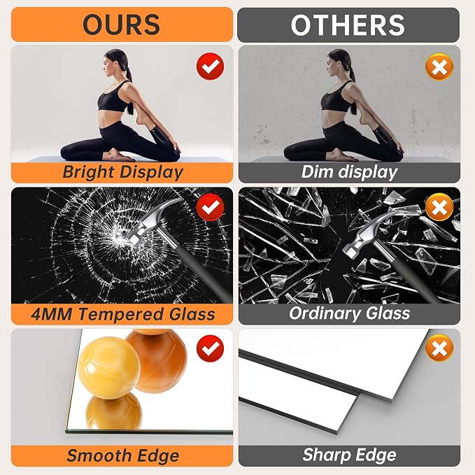 Hasipu Home Gym Mirror, 2 Pcs 63 x 28 Inches Each, Tempered Glass Wall Mounted Frameless Workout Mirrors, Ideal for Gym, Yoga, Garage, Dance Studio, Living Room, Bedroom, Bathroom Walnut Rectangular