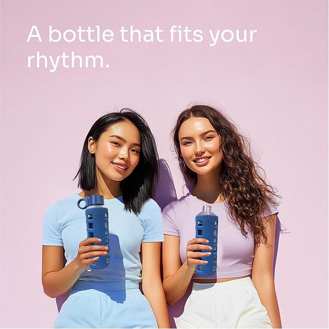 purifyou 40oz / 32oz / 22oz / 12oz Borosilicate Glass Water Bottle with Time & Volume Markers, Silicone Sleeve, Stainless Steel Lid | Reusable Glass Bottle for Water & Juice (12oz Chinese Porcelain)