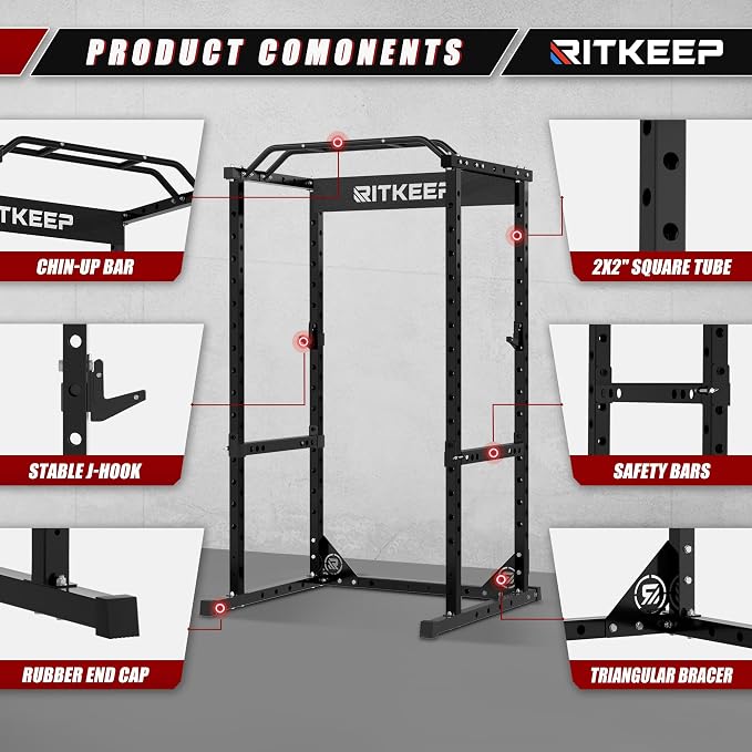 RitKeep Power Rack, Adjustable Multi-Function Squat Rack for Home Gym | 3-in-1 Power Cage with 1200LB Capacity, J-hooks, safety bars and multi-grip pull-up bar for strength training -RMAX 2250
