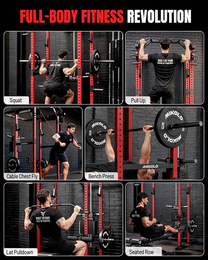 Mikolo K6 2.0 Power Cage, Power Rack with Cable Crossover System, 2000LBS Squat Rack with LAT Pull Down System, Functional Trainer with Aluminum Pulley System for Home Gym
