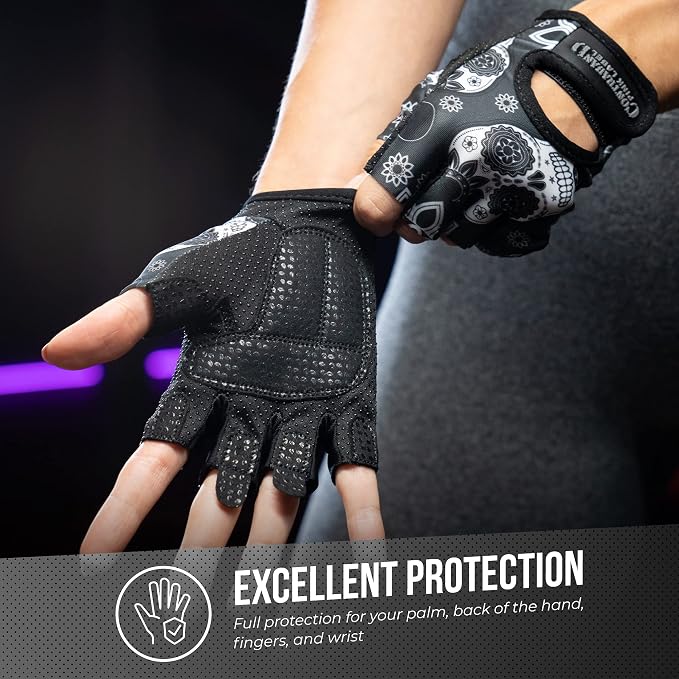 Contraband Pink Label 5237 Womens Designer Workout Gloves | Sugar Skull Print w/Grip-Lock™ Padding (Gray, Large)
