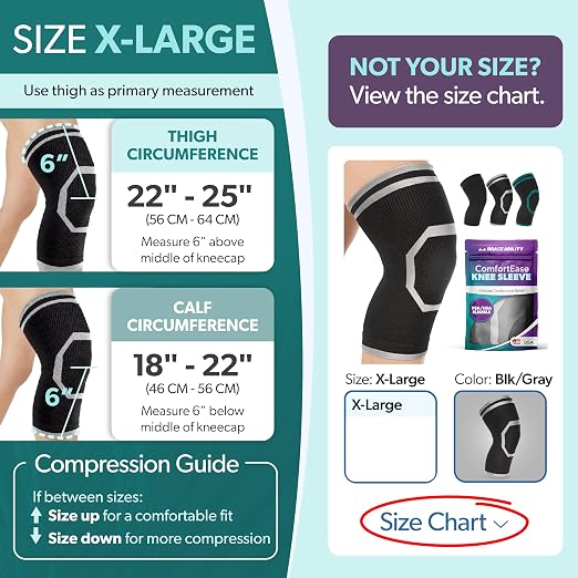 BraceAbility Knee Compression Sleeve for Women and Men - ComfortEase Knee Pain Brace Support for Arthritis, Swelling, Joint Stiffness, Recovery, All-Day Comfort and Relief (XL - Black/Gray)
