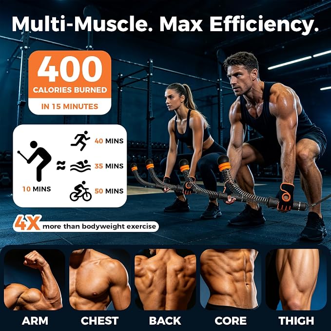 Weighted Ropeless Battle Ropes, Adjustable Weights Portable Cordless Battle Ropes for Home Gym with Gloves, Cardio Exercise Fitness Equipment for Low-Impact Workout, Strength & HIIT, for Men & Women