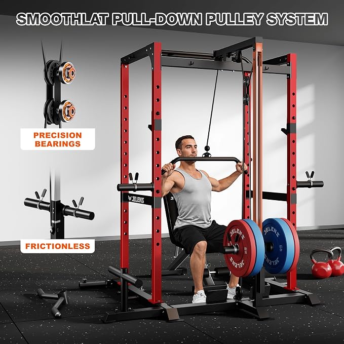 JELENS S21 Power Cage, Multi-Function Power Rack with Adjustable Cable Crossover System, 2000LBS Squat Rack for Home Gym with More Training Attachments