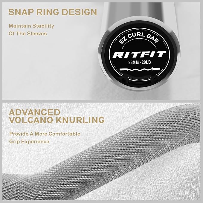 RitFit 2 Inch EZ Curl Bar Olympic Barbell with Weight Plates & Collar | 4FT EZ Curl Bar with 35LB Weight Plates, Collars for Bicep, Tricep Workout, Weightlifting, 350LBS Weight Capacity