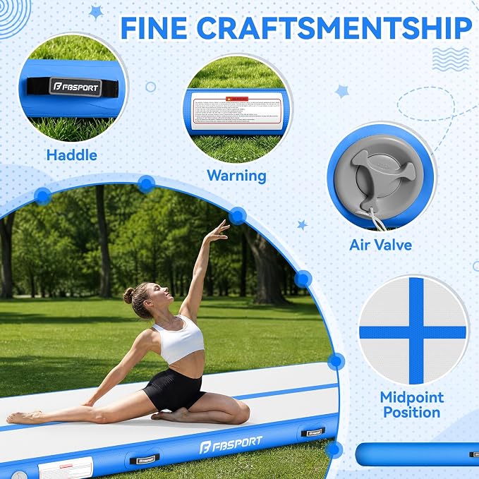 FBSPORT 6.6ft/10ft/13ft/16ft/20ft Inflatable Air Gymnastics Training Mat | 4/6/8 inches Thickness Inflatable Mat, with Electric Pump, Suitable for Home Training/Cheerleading/Yoga/Water