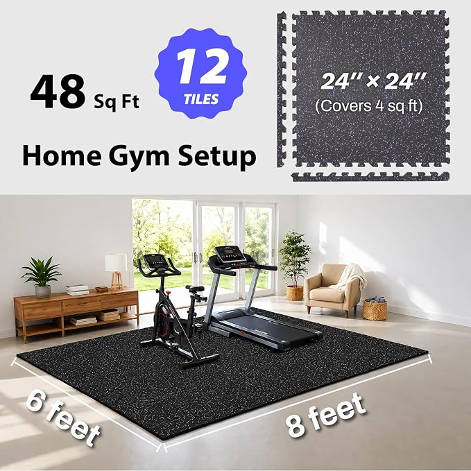 AIRHOP 1" Ultra-Thick 48 Sq Ft Rubber Top Gym Flooring for Home Gym | 12 Tiles, High Density EVA Foam, Waterproof & Non-Slip Rubber, Interlocking Puzzle Mats, Heavy Duty Floor Protection, 24"x24"