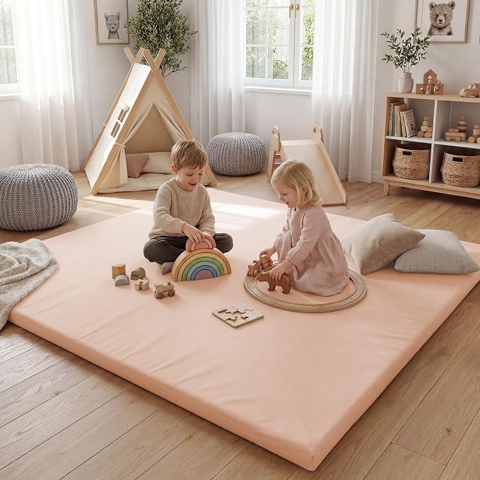 Huloo Sleep Baby Play Mat 74x50 Inches, 1.3" Thick Padded Waterproof Floor Cushion & Playpen Mat with Vegan Leather, Non-Slip & Non-Toxic Nursery Rug for Infants, Toddlers & Kids(Pink)