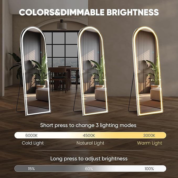 OLIXIS Arched Full Length Mirror with Lights, 20x 63 | Lighted Floor Full Body Mirror with 3 Color Lighting, Wall Mounted Mirrors for Bedroom, Entryway with Tempered Glass