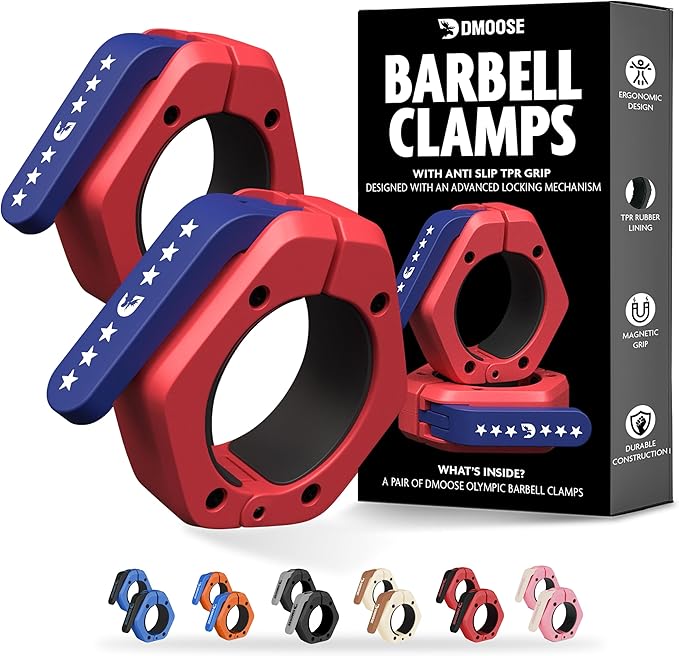 DMoose Fitness Barbell Clips 2 Inch (Pair) - Quick Release Olympic Barbell Clamps & Collars with Anti Slip TPR Grip for Secure Weightlifting and Powerlifting - Weight Clips for Bars at Home or Gym