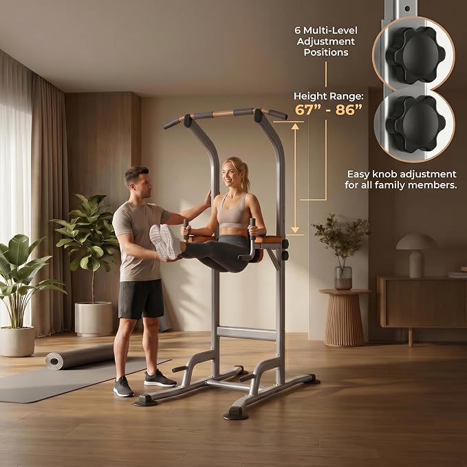 Multi-Function Power Tower Pull Up Bar Station with Pilates Resistance Bands, 450LBS Stable Pull Up Dip Station with Push Up Handles for Home Gym Strength Training Equipment